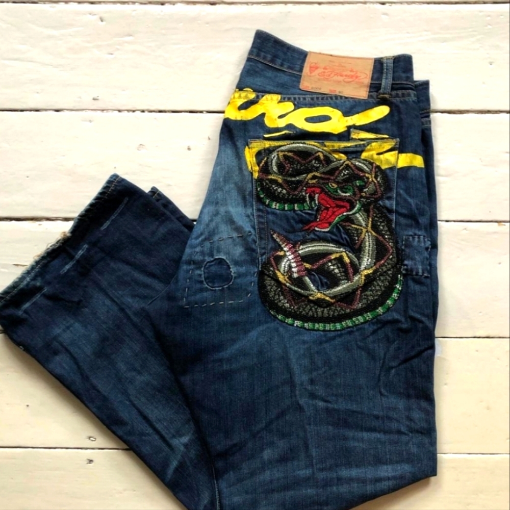 Ed Hardy by Christian Audigier Denim Jeans Embroidered snake